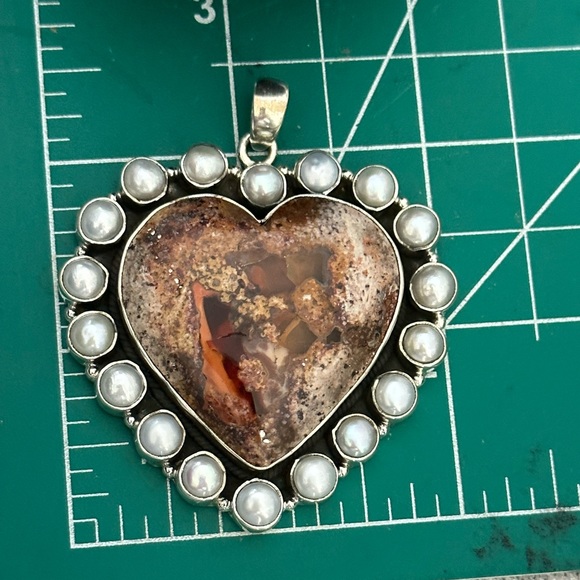 Mexican fire opal pearl mega statement heart sterling silver pendant - Picture 8 of 10